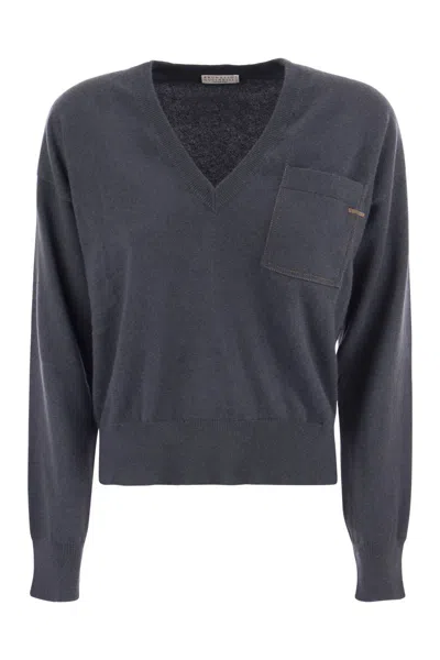 Brunello Cucinelli Women's Cashmere Sweater With Pocket In Dark Blue