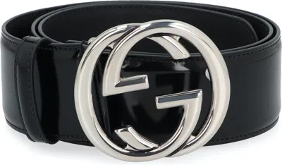 Gucci Gg Black Leather Belt In Blue