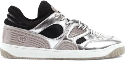 Gucci Elevate Your Style With This Silver And Black Metallic-leather Sneaker In Silver,bla