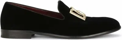 Dolce & Gabbana Black Velvet Cotton Logo Loafers Dress Shoes In Black