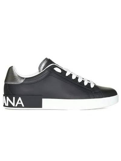 Dolce & Gabbana Portofino Sneakers In Black Leather With Silver Inserts In Black