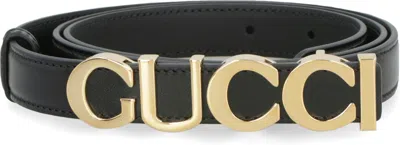 Gucci Logo Lettering Plaque Thin Belt In Black