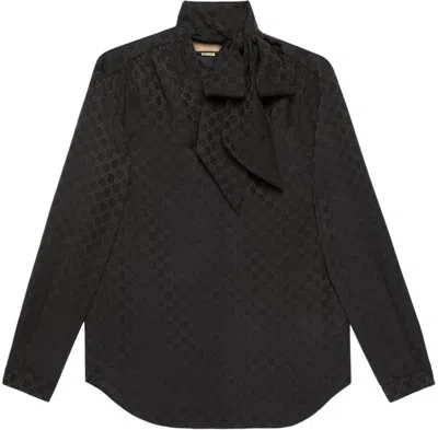Gucci Gg-jacquard Silk-crepe Shirt In Black