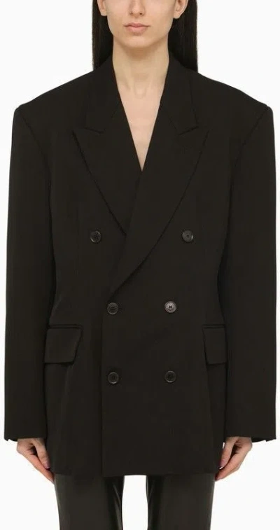 Balenciaga Cinched Double-breasted Black Wool Jacket In Black