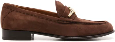 Valentino Vlogo Gate Embellished Suede Loafers In Fondant