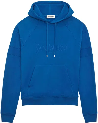 Saint Laurent Logo Cotton Hoodie In Blue