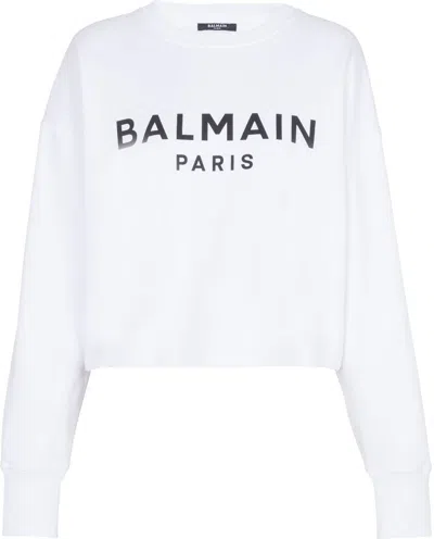 Balmain Women Logo Organic Cotton Cropped Sweatshirt In White