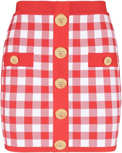 Balmain Vichy Buttoned Mini Skirt In Red