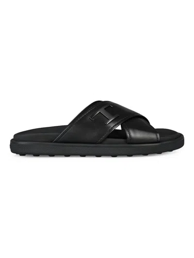 Tod's Slides Cross Strap Flat Sole Open Toe In Black