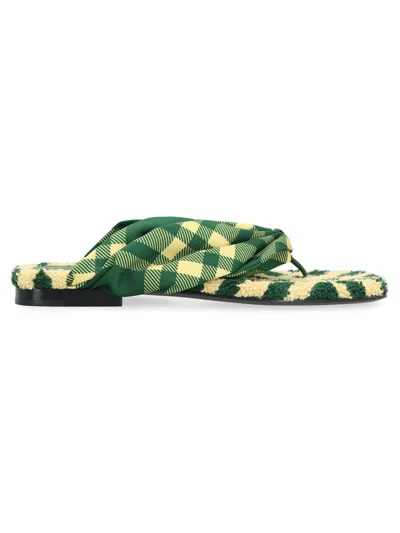 Burberry Check Pattern Thong Strap Open Toe Branded Footbed Flat In Green