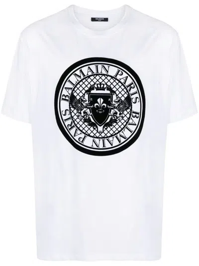 Shop Balmain Men's T-shirt With Flocked Coin Print In White
