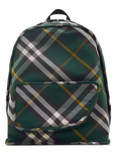 Burberry Check Pattern Shield Backpack With Front Zip In Green