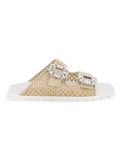 Roger Vivier Chic Raffia Slidy Flat With Rhinestone Buckle In Brown