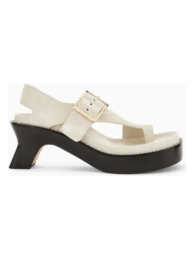 Loewe Ease 70 Oversized Buckle Suede Sandals In White