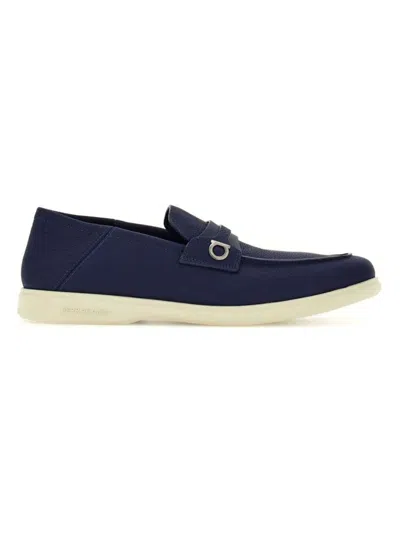 Ferragamo Leather Loafers With Gancini Ornament In Blue