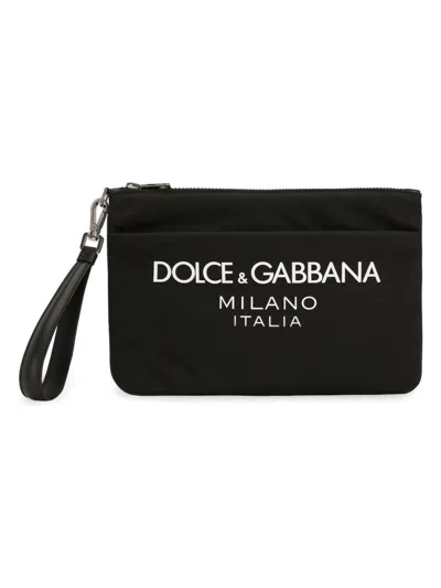 Dolce & Gabbana Black Pouch With Contrasting Rubberized Logo In Nylon In Black