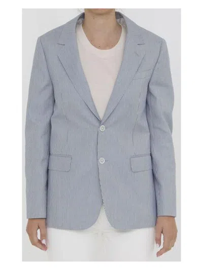 Celine Striped Polyester And Cotton Blend Single-breasted Jude Jacket In Blue And White In White