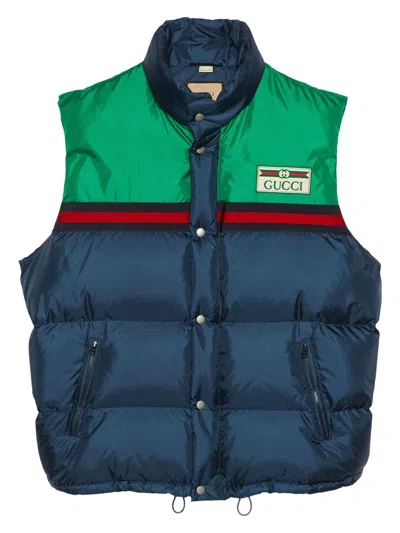 Gucci Multicolor Sleeveless Down Jacket With Logo Patch In Polyamide Man In Blue