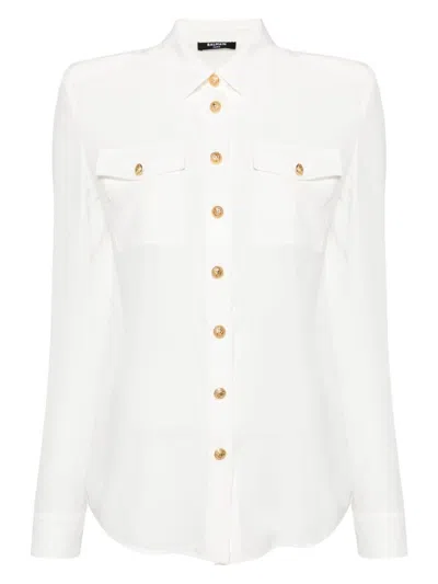 Balmain Button-embellished Silk Crepe De Chine Shirt In White