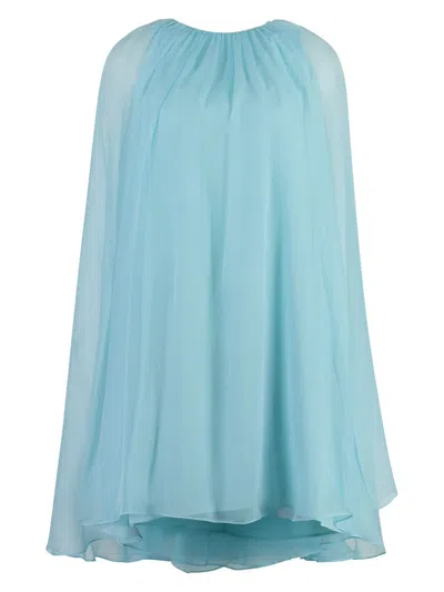 Max Mara Women Mini Light Blue Dress With Drawstring In Silk Chiffon Woman In Light Blue