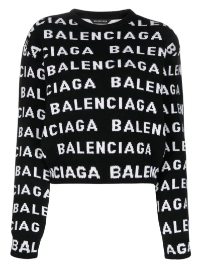 Balenciaga Women Allover Logo Wool Cropped Sweater In Black
