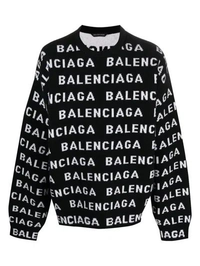 Balenciaga Logo All Over Print Pullover Sweater In Black