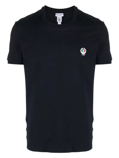 Dolce & Gabbana Crown And Laurel Patch Crewneck T-shirt In Blue