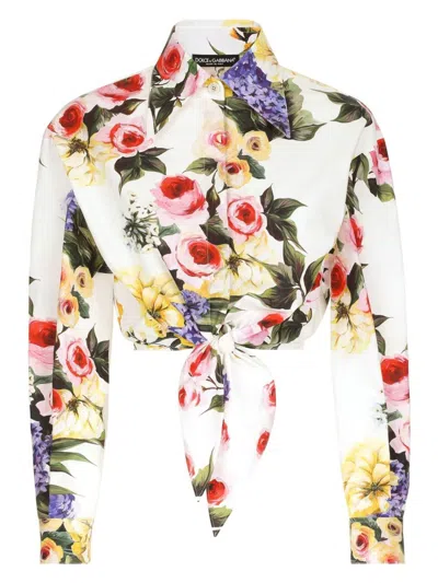 Dolce & Gabbana Floral Print Cropped Poplin Shirt With Front Tie In White