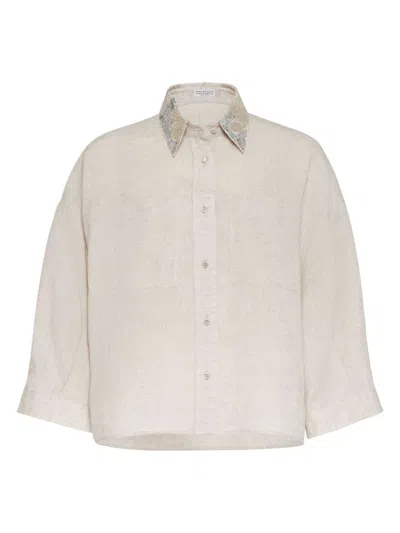 Shop Brunello Cucinelli Women's Linen Linen Shirt With Dazzling Magnolia Collar In Natural