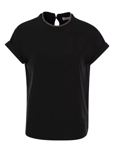 Brunello Cucinelli Blue Crewneck T-shirt With Monil Detail On The Collar And Rear Cut-out In Cotton Stretch Woman In Black