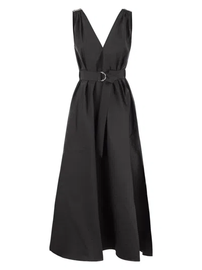 Brunello Cucinelli Women Techno Cotton Poplin Dress With Belt And Precious Shoulder Detail In Black