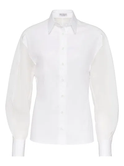Brunello Cucinelli Stunning White Stretch Cotton Poplin Shirt With Light Knit Sleeves And Necklace In White