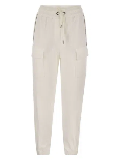 Brunello Cucinelli Women's Smooth Cotton Fleece Cargo Pants With Monile In White