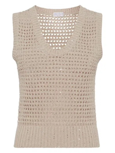 Brunello Cucinelli Feminine Camel Open Knit Cotton Top For Ss24 In Beige