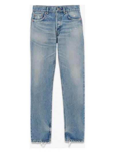 Saint Laurent Stonewashed Distressed Straight Jeans In Charltblue