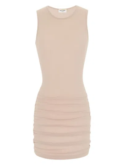 Saint Laurent Abito Canotta In Tulle In Beige