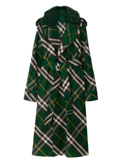 Burberry Check Belted Trench Coat With Faux Fur Collar In Green