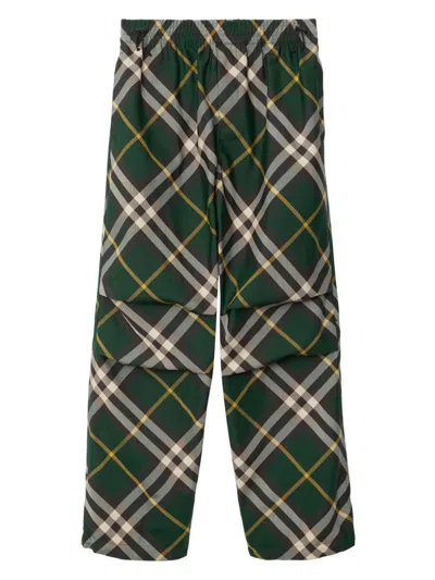 Burberry Men's Check Pattern Trousers With Elastic Waist And Drawstring In Green