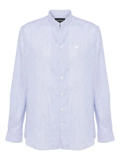 Shop Emporio Armani Men's Linen Blend Striped Shirt In Clear Blue