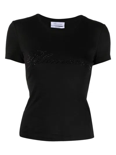 Blumarine Women Logo Ribbed Cotton Cropped T-shirt In Black