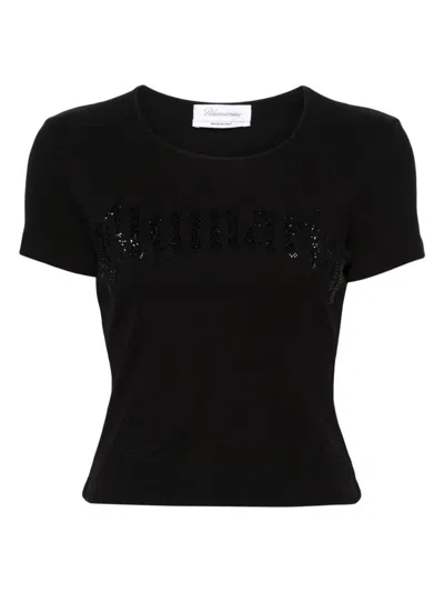 Blumarine Women Logo Ribbed Cotton Cropped T-shirt In Black