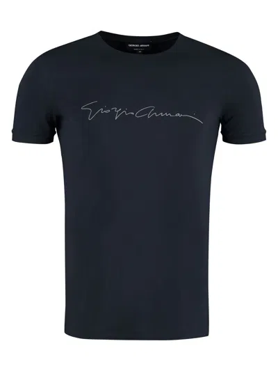 Giorgio Armani Mens Black Beauty Embroidered-logo Crewneck Cotton T-shirt In Blue