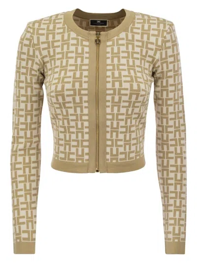 Elisabetta Franchi Monogram Butter Beige Cropped Cardigan In Butter,sand
