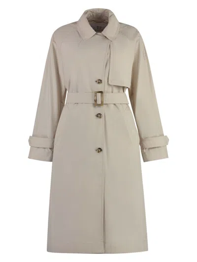 Woolrich Single-breasted Belted Trench Coat In Beige