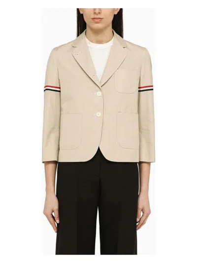 Thom Browne Cropped Striped Grosgrain-trimmed Canvas Blazer In Beige