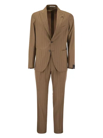 Tagliatore Men Pinstripe Suit In Wool And Silk In Cognac
