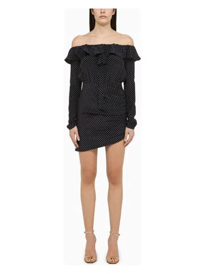 Alessandra Rich Off-shoulder Polka Dots Silk Mini Dress In Blue