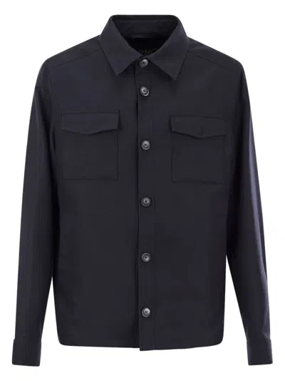 Herno Snap Front Chest Flap Pocket Brushed Wool Cashmere Blend Lined Shirt Jacket In Blue