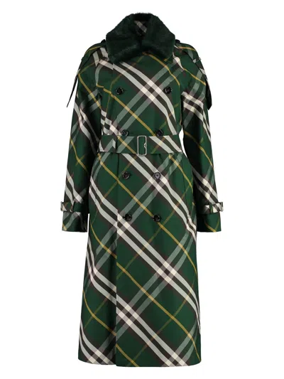 Burberry Check Belted Trench Coat With Faux Fur Collar In Green
