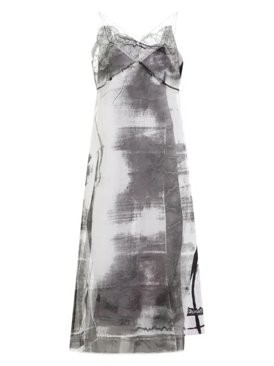 Maison Margiela Lace Trim Abstract-print Midi Slip Dress In Grey